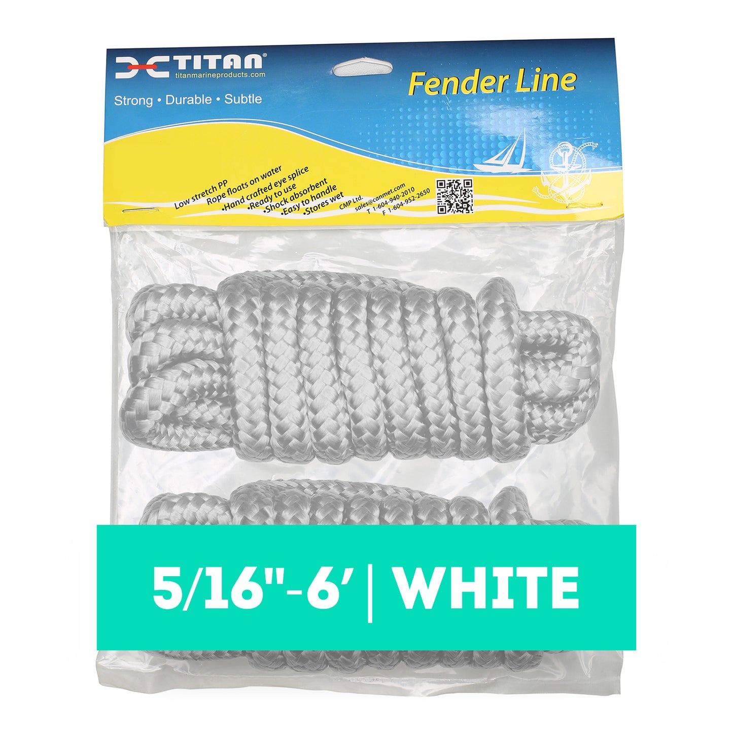 Titan 5/16in-6ft Double Braid PP Fender Line - White, 2pcs