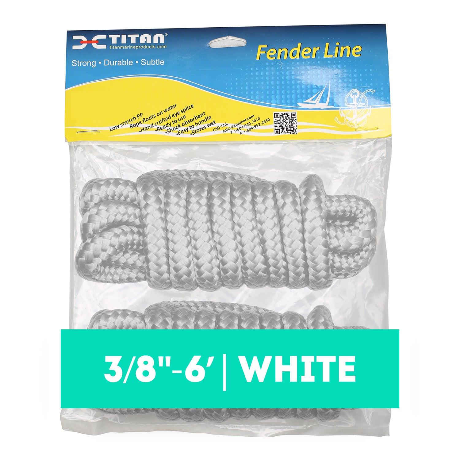 Titan 3/8in-6ft 3-strand Fender Line - White, 2pcs
