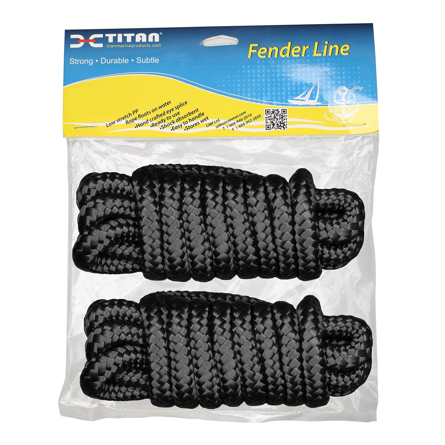 Titan 3/8in-6ft 3-strand Fender Line - Black, 2pcs