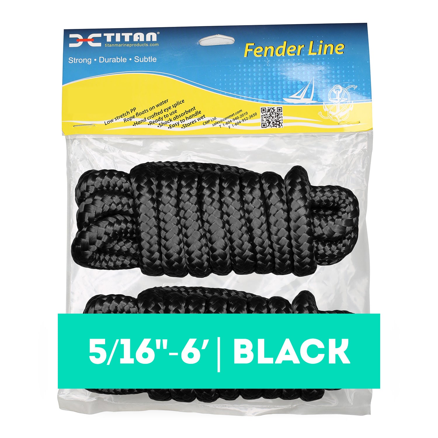 Titan 5/16in-6ft 3-strand Fender Line - Black, 2pcs